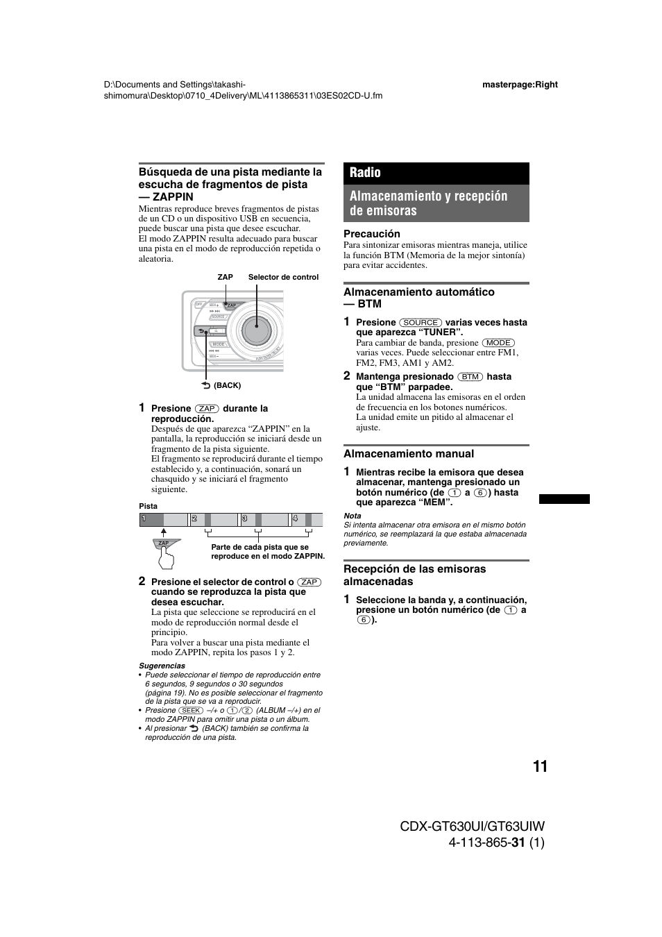 Radio, Almacenamiento y recepción de emisoras, Almacenamiento automático - btm | Almacenamiento manual, Recepción de las emisoras almacenadas, Radio almacenamiento y recepción de emisoras | Sony CDX-GT630UI User Manual | Page 61 / 80