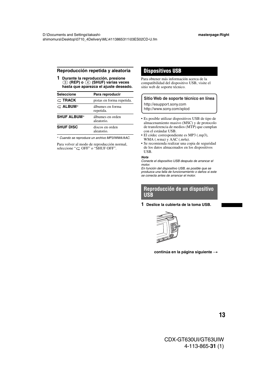 Reproducción repetida y aleatoria, Dispositivos usb, Reproducción de un dispositivo usb | Sony CDX-GT630UI User Manual | Page 63 / 80