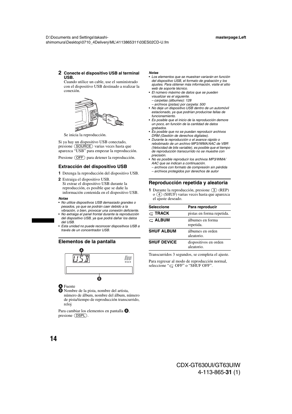 Elementos de la pantalla, Reproducción repetida y aleatoria | Sony CDX-GT630UI User Manual | Page 64 / 80