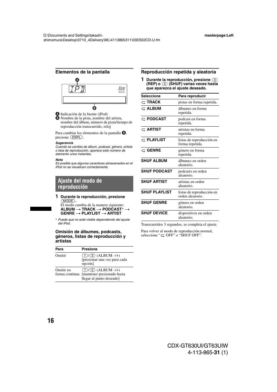 Elementos de la pantalla, Ajuste del modo de reproducción, Reproducción repetida y aleatoria | Sony CDX-GT630UI User Manual | Page 66 / 80