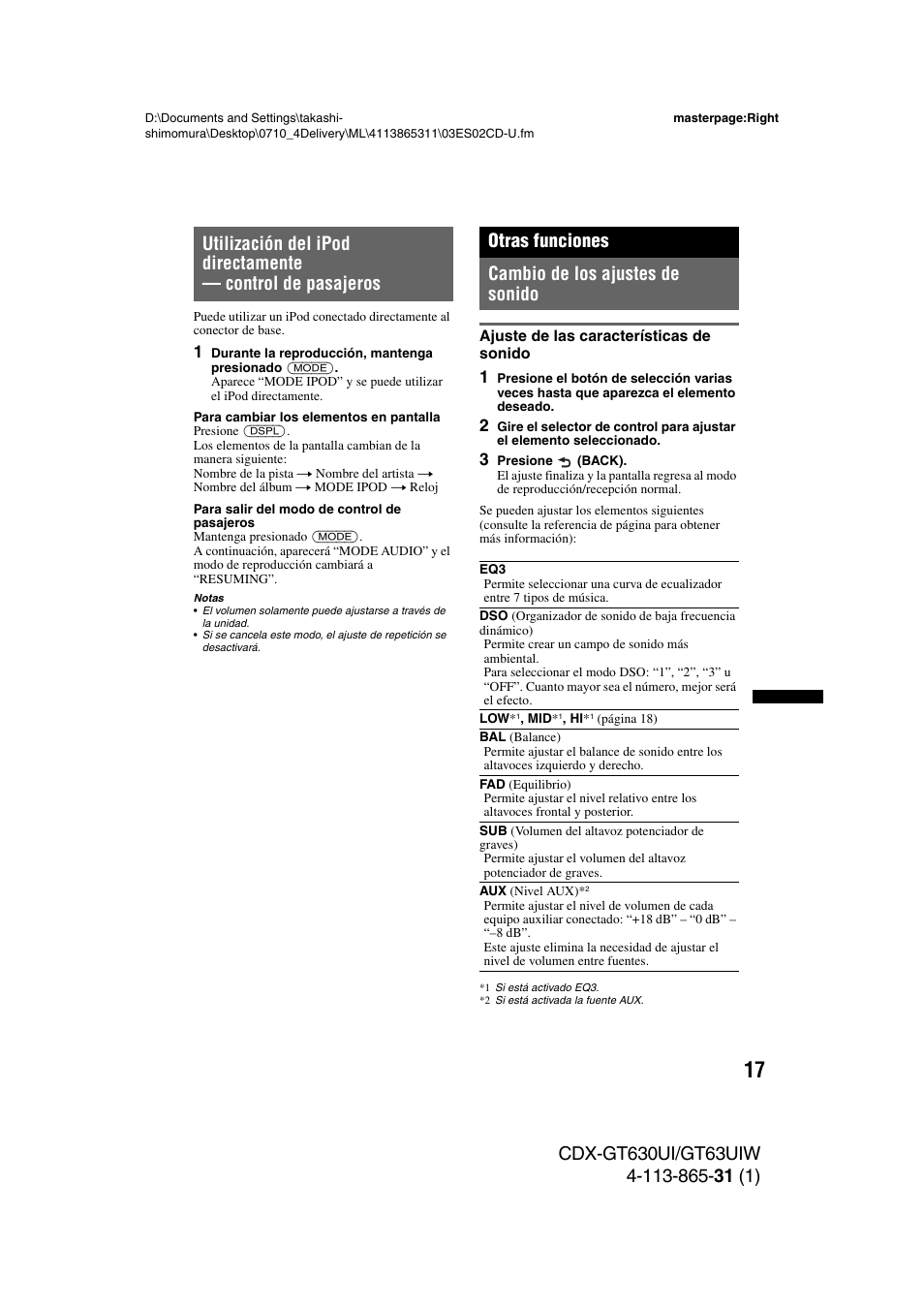 Otras funciones, Cambio de los ajustes de sonido, Ajuste de las características de sonido | Otras funciones cambio de los ajustes de sonido | Sony CDX-GT630UI User Manual | Page 67 / 80