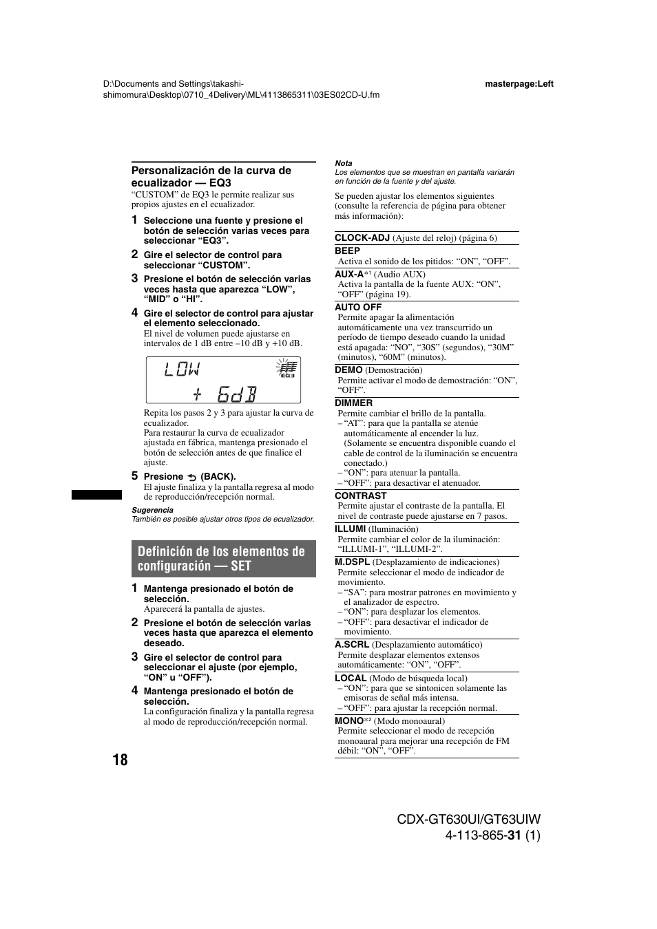 Personalización de la curva de ecualizador - eq3, Definición de los elementos de configuración - set, Personalización de la curva de ecualizador — eq3 | Definición de los elementos de configuración — set | Sony CDX-GT630UI User Manual | Page 68 / 80