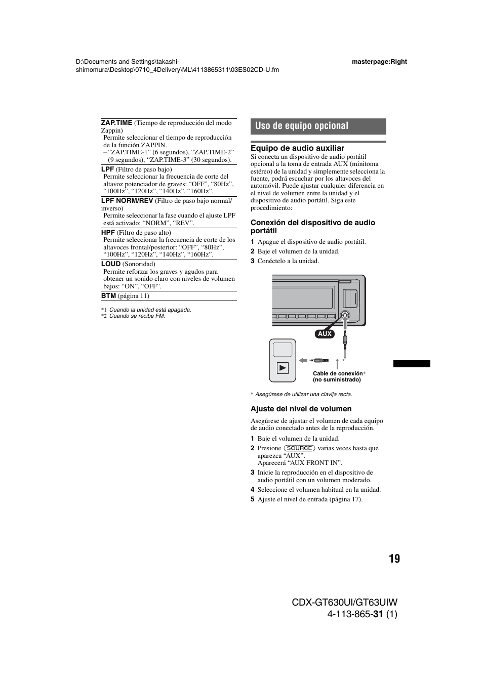 Uso de equipo opcional, Equipo de audio auxiliar | Sony CDX-GT630UI User Manual | Page 69 / 80