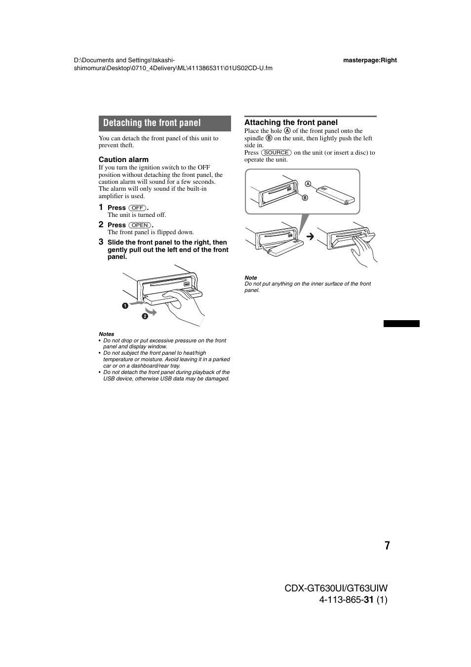 Detaching the front panel, Attaching the front panel | Sony CDX-GT630UI User Manual | Page 7 / 80