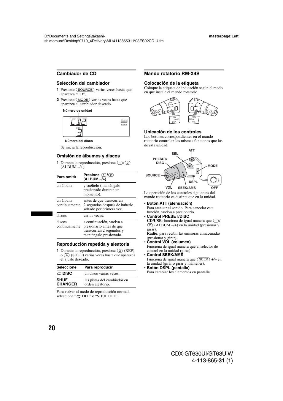 Cambiador de cd, Mando rotatorio rm-x4s, Cambiador de cd mando rotatorio rm-x4s | Sony CDX-GT630UI User Manual | Page 70 / 80