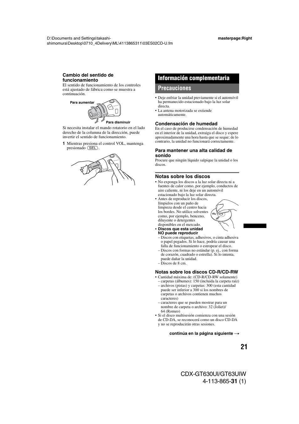 Información complementaria, Precauciones, Notas sobre los discos | Información complementaria precauciones | Sony CDX-GT630UI User Manual | Page 71 / 80