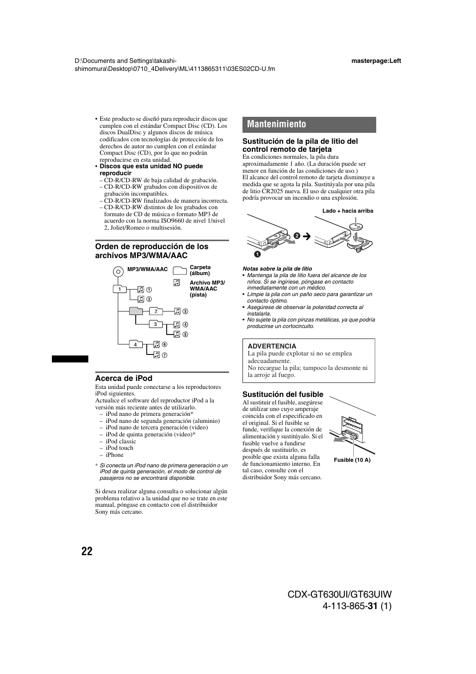 Orden de reproducción de los archivos mp3/wma/aac, Acerca de ipod, Mantenimiento | Sony CDX-GT630UI User Manual | Page 72 / 80