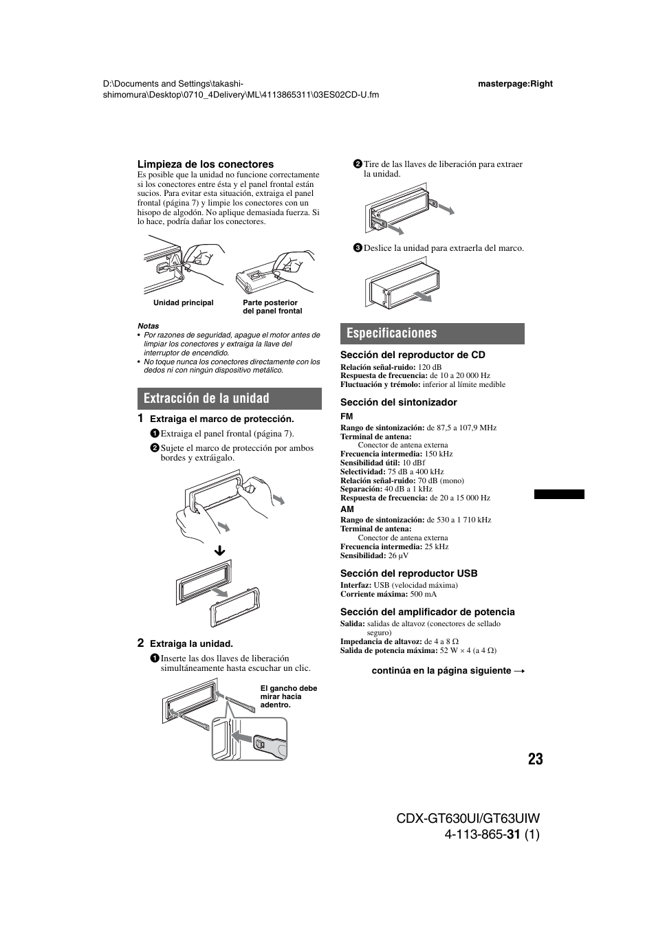 Extracción de la unidad, Especificaciones, Extracción de la unidad especificaciones | Sony CDX-GT630UI User Manual | Page 73 / 80