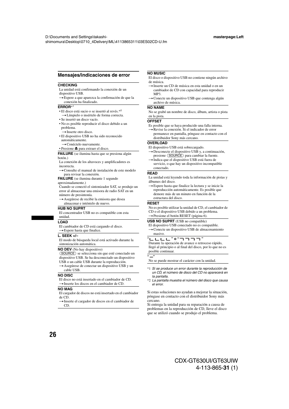 Mensajes/indicaciones de error | Sony CDX-GT630UI User Manual | Page 76 / 80