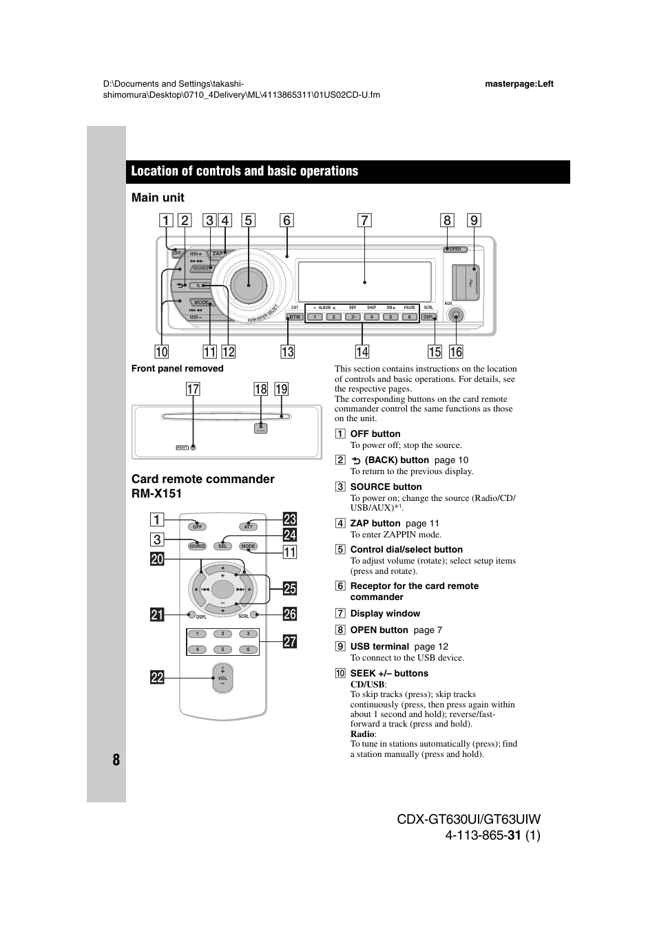 Location of controls and basic operations, Main unit, Card remote commander rm-x151 | Main unit card remote commander rm-x151, Qk ql qj, 3wf qa 1 wh w; wa wd ws wj wg | Sony CDX-GT630UI User Manual | Page 8 / 80