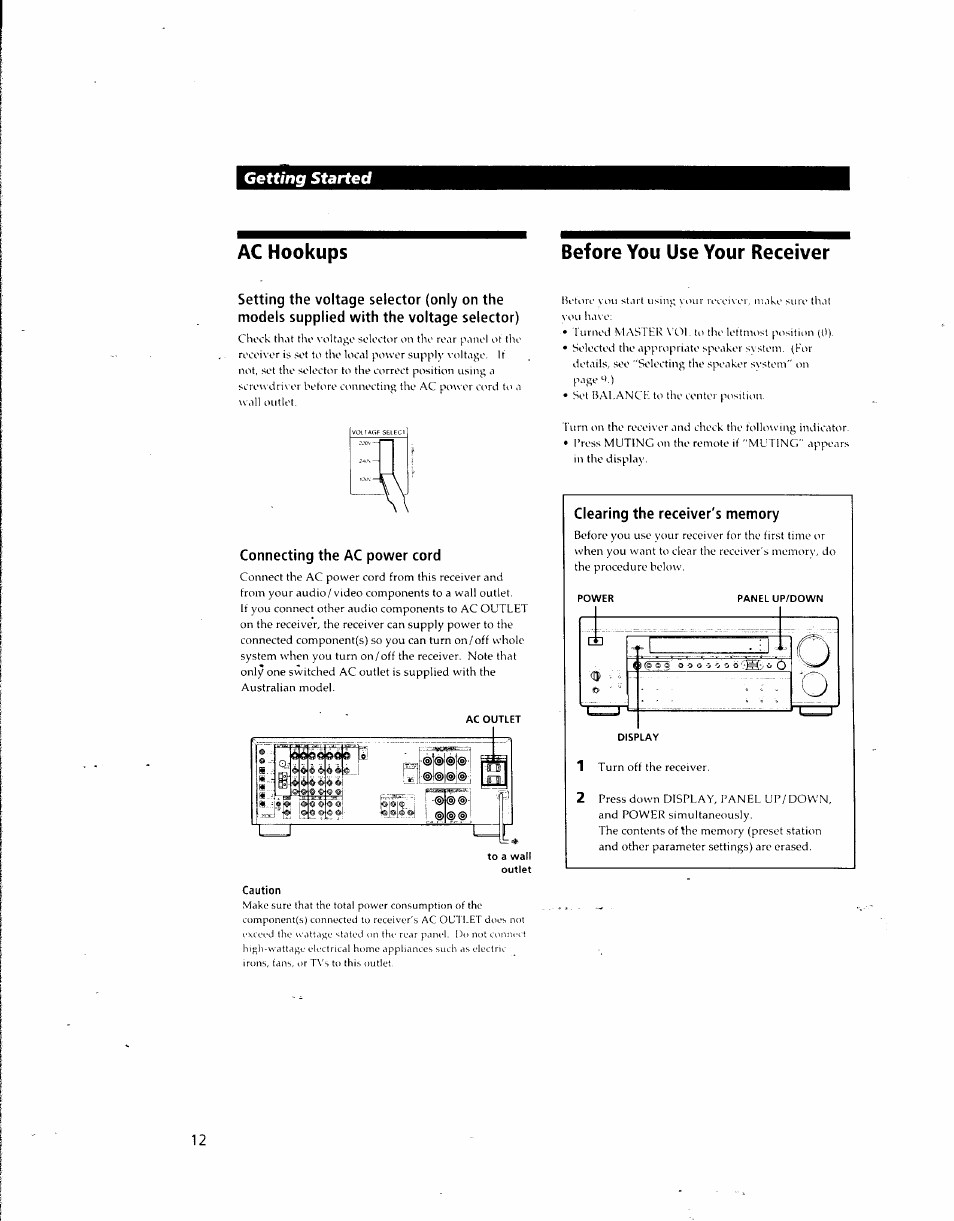 Before you use your receiver, Connecting the ac power cord, Ac hookups before you use your receiver | Getting started | Sony STR-DA80ES User Manual | Page 12 / 39