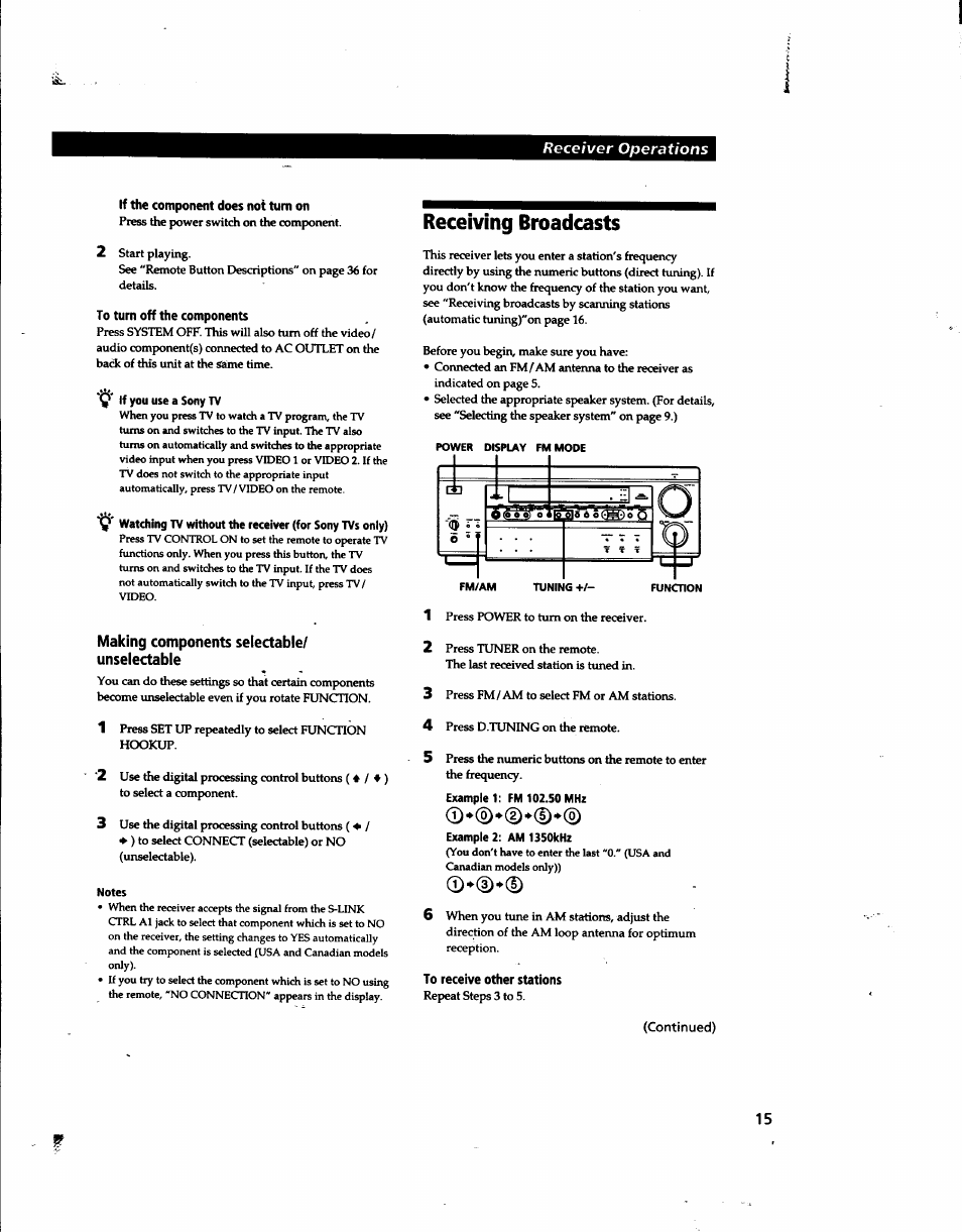 Y if you use a sony tv, Making components selectable/ unselectable, Notes | Receiving broadcasts, Example 1: fm 102.50 mhz, Example 2: am 1350khz | Sony STR-DA80ES User Manual | Page 15 / 39