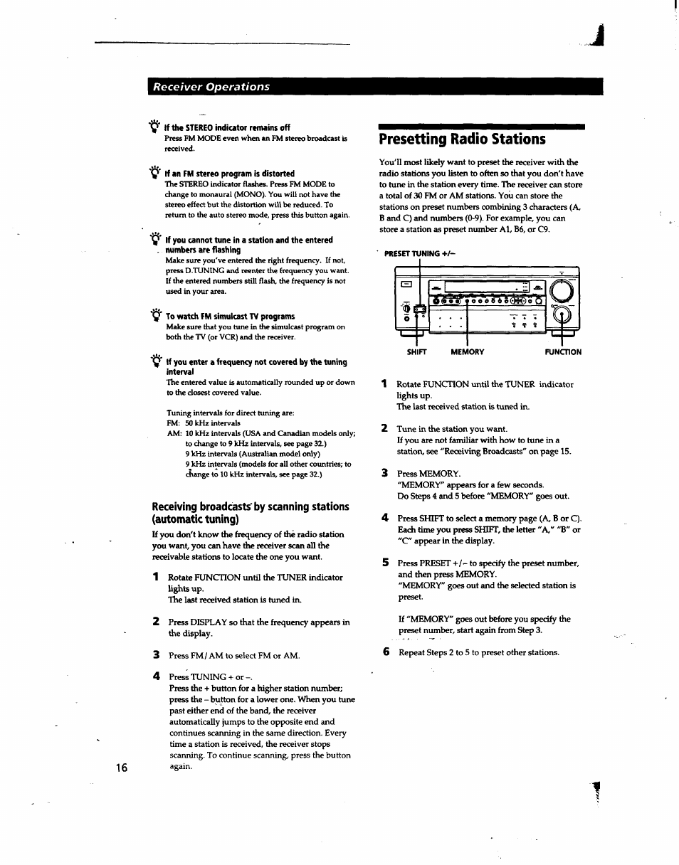 V if the stereo indicator renuiins off, V if an fm stereo program is distorted, To watch fm simulcast tv programs | Presetting radio stations | Sony STR-DA80ES User Manual | Page 16 / 39