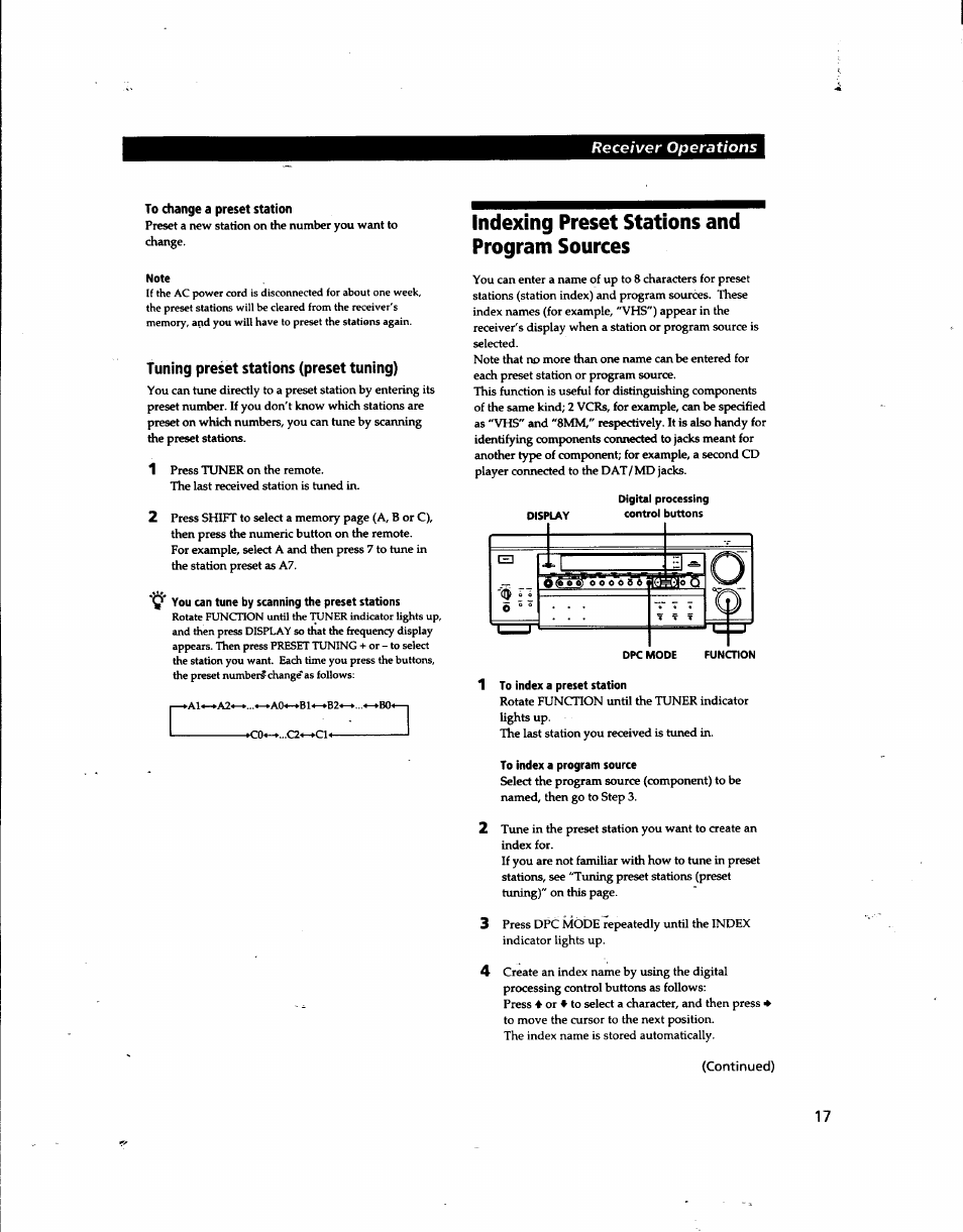 Note, Tuning preset stations (preset tuning), Q' you can tune by scanning the preset stations | Indexing preset stations and program sources, 1 to index a preset station, To index a program source | Sony STR-DA80ES User Manual | Page 17 / 39