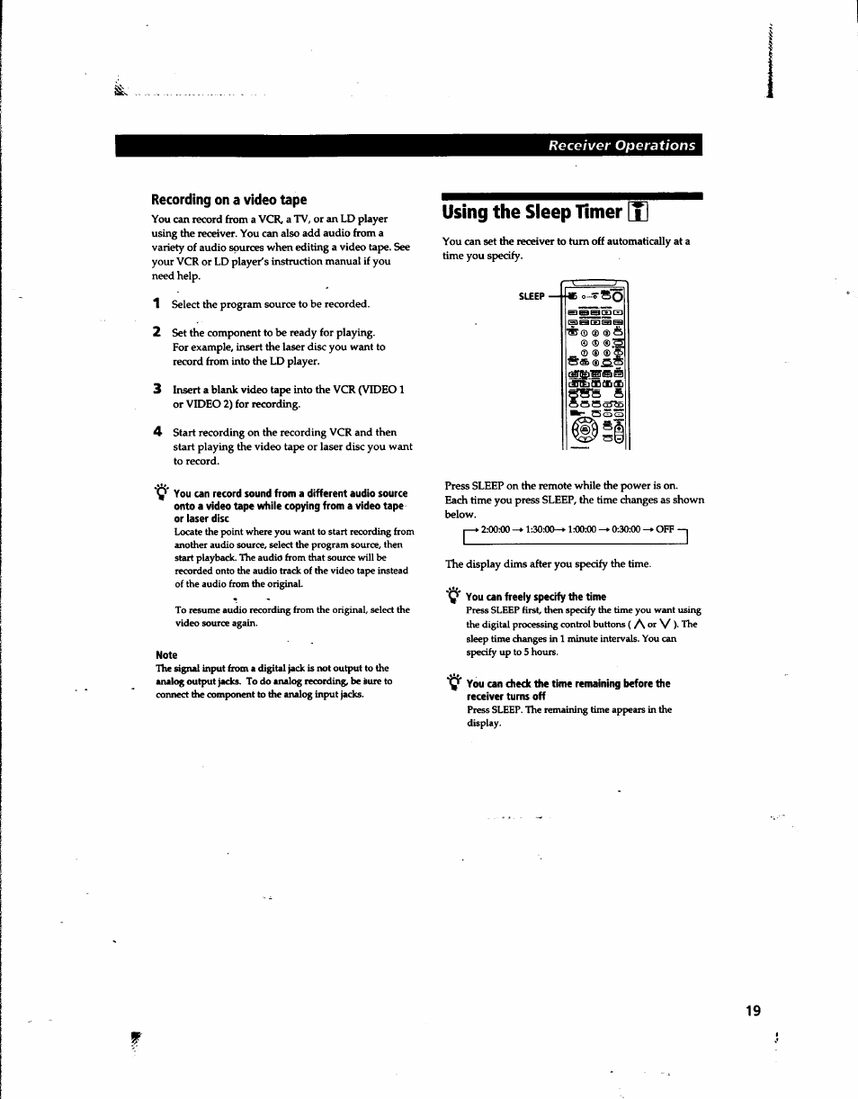 Recording on a video tape, Note, Using the sleep timer [x | Ececifi fi, Q* you can freely specify the time | Sony STR-DA80ES User Manual | Page 19 / 39