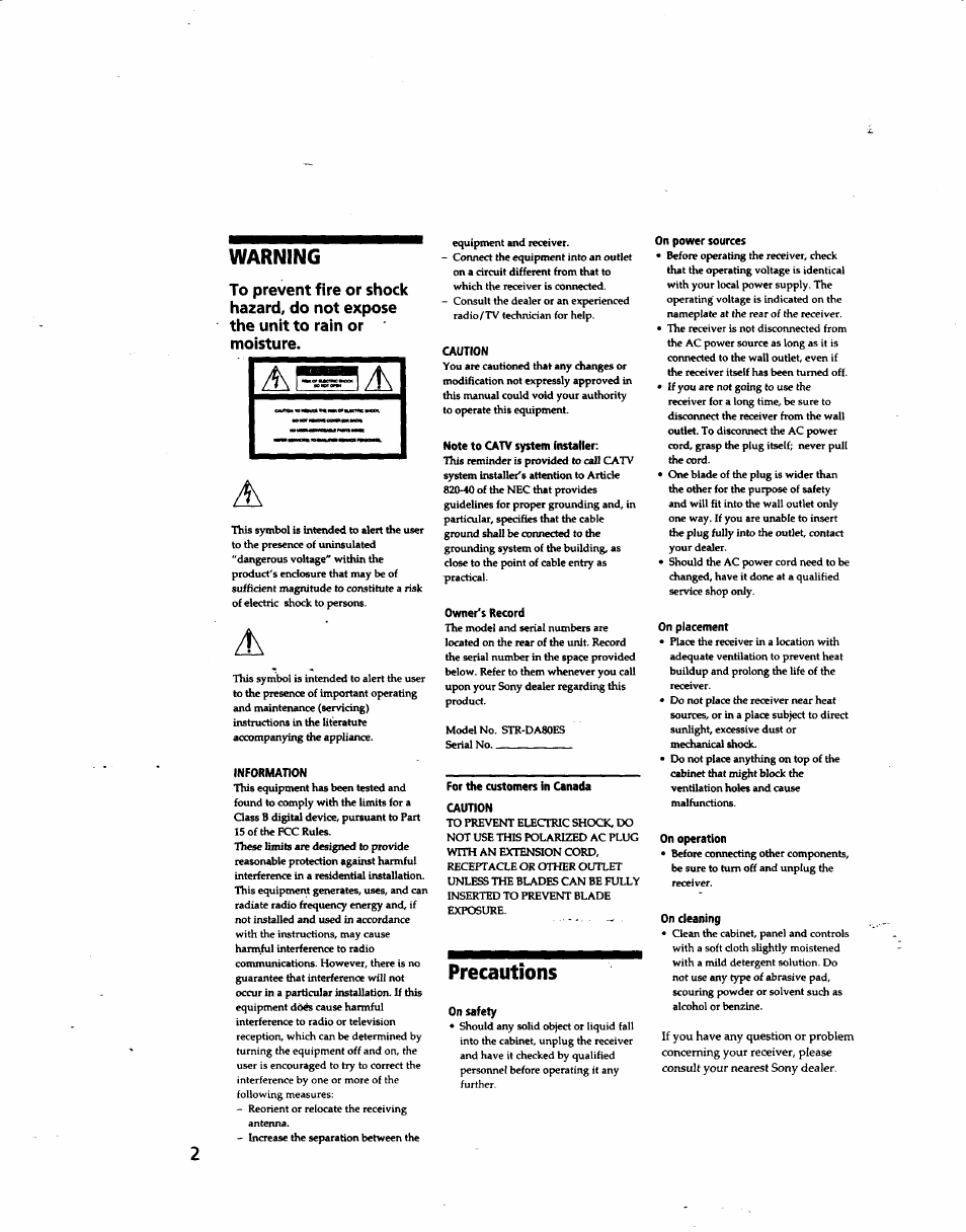 Warning, Information, Caution | Note to catv system installer, Owner's record, For the customers in canada caution, Precautions, On safety, On power sources, On placement | Sony STR-DA80ES User Manual | Page 2 / 39