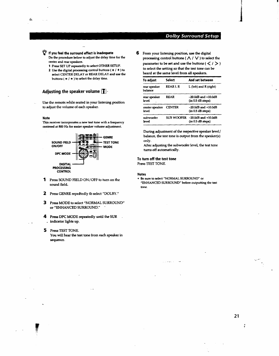 Y if you feel the surround effect is inadequate, Adjusting the speaker volume [x, Notes | Dolby surround setup | Sony STR-DA80ES User Manual | Page 21 / 39