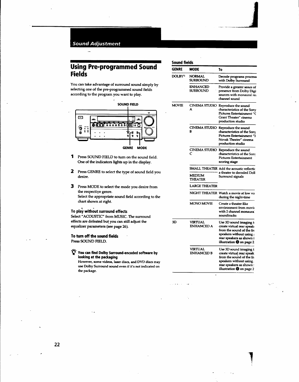 Using pre-programmed sound fields, Genre mode, L-=r | Sony STR-DA80ES User Manual | Page 22 / 39