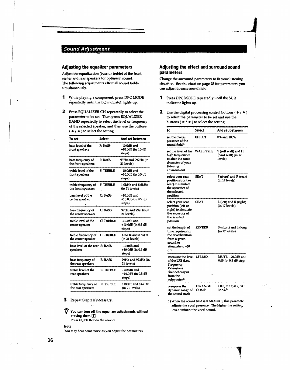 Adjusting the equalizer parameters, Note, Sound adjustment | Sony STR-DA80ES User Manual | Page 26 / 39