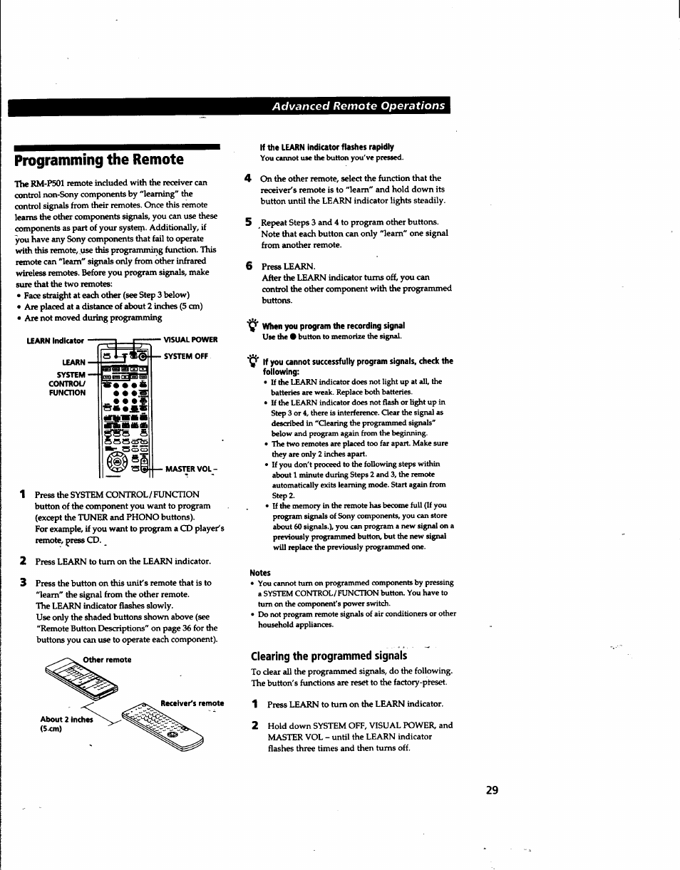 Programming the remote, Clearing the programmed signals, Advanced remote operations | Sony STR-DA80ES User Manual | Page 29 / 39