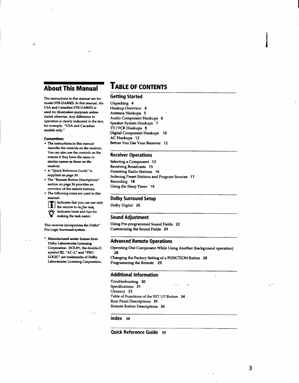 Conventions, Getting started, Doiby surround setup | Sound adjustment, Additionai information, Index 38, Quick reference guide 39, About this m^anual t, Of contents | Sony STR-DA80ES User Manual | Page 3 / 39