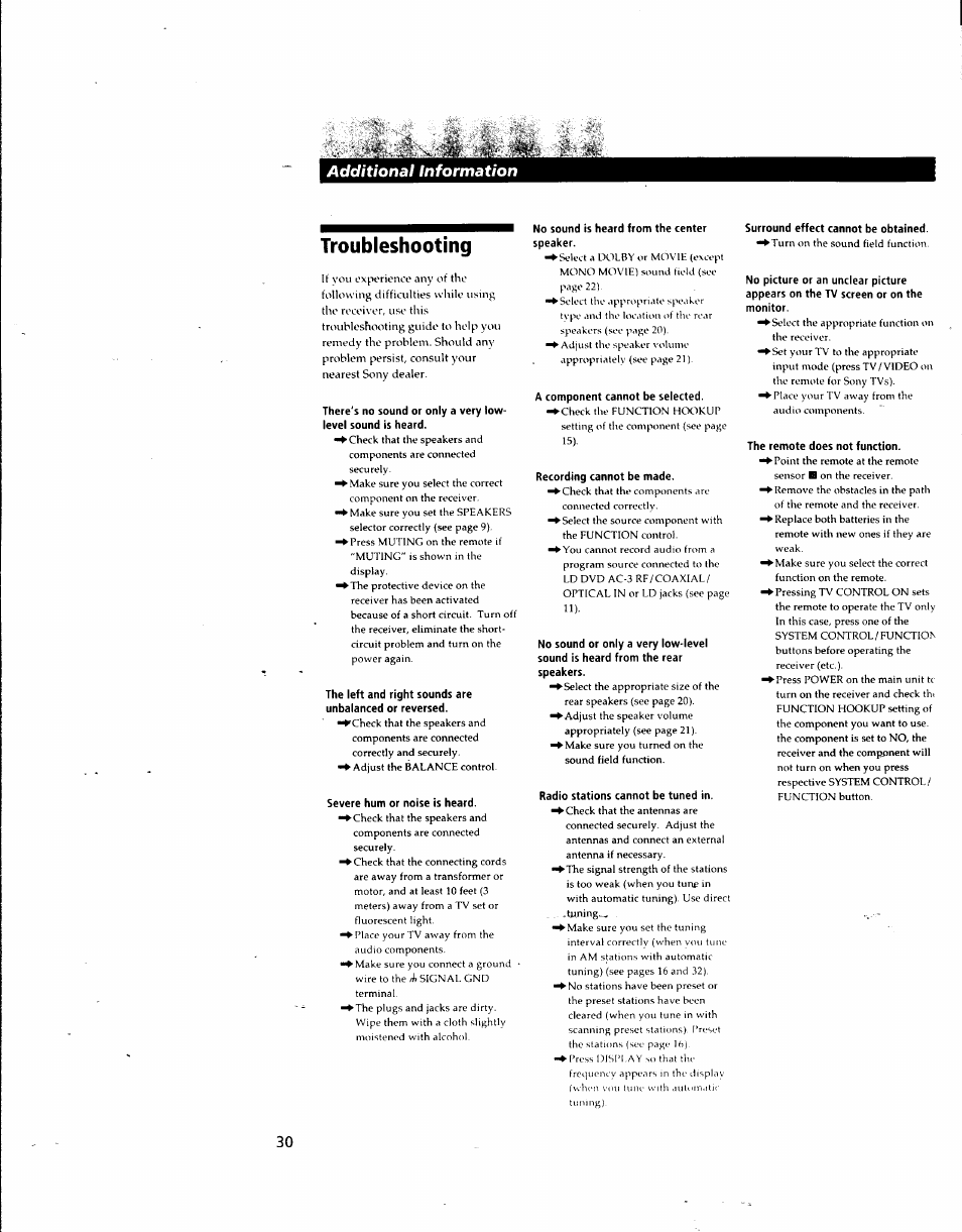 Troubleshooting, Additional information | Sony STR-DA80ES User Manual | Page 30 / 39