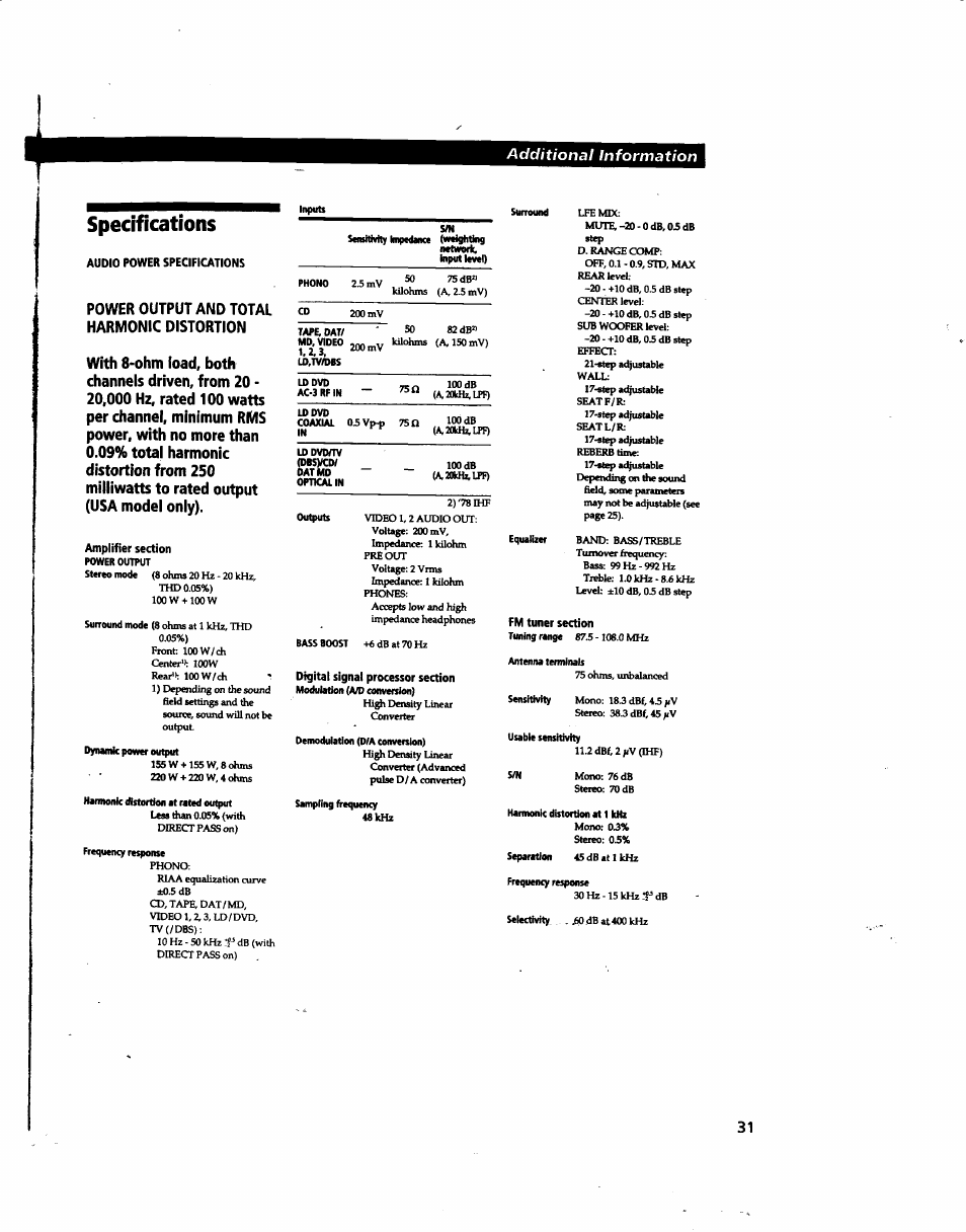 Specifications, Audio power specifications, Amplifier section | Digital signal processor section, Fm tuner section, Arnsvcai | Sony STR-DA80ES User Manual | Page 31 / 39