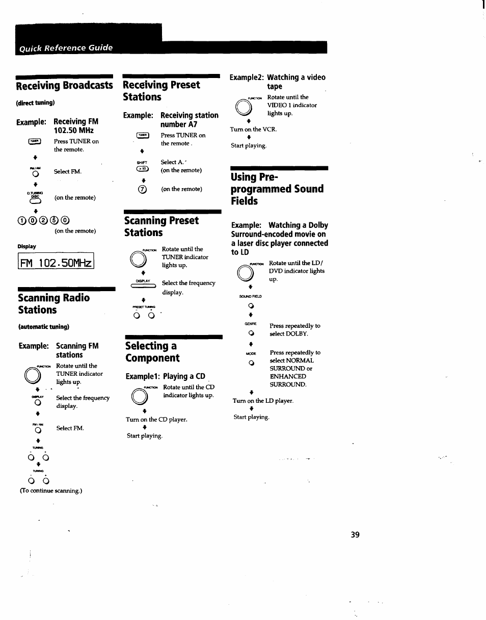 Receiving broadcasts, Scanning radio stations, Receiving preset stations | Scanning preset stations, Selecting a component, Using pre­ programmed sound fields | Sony STR-DA80ES User Manual | Page 39 / 39