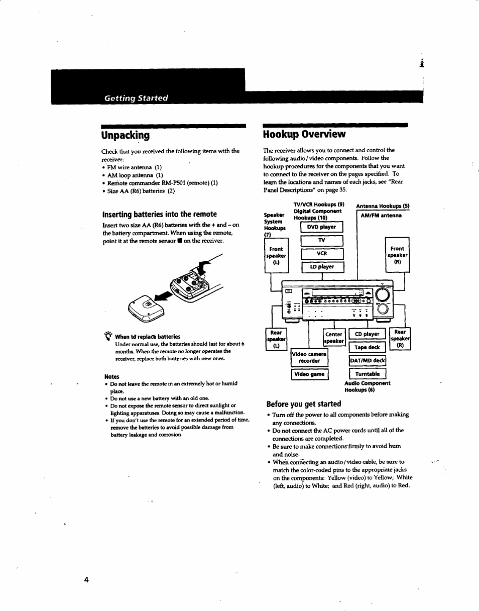 Unpacking, Inserting batteries into the remote, Notes | Hookup overview, Before you get started | Sony STR-DA80ES User Manual | Page 4 / 39