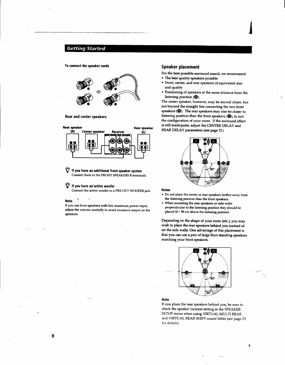 To connect the speaker cords, V if you lisve an additional front speaker system, Tf you have an'active woofer | Note, Speaker placement, Y rp®iish | Sony STR-DA80ES User Manual | Page 8 / 39