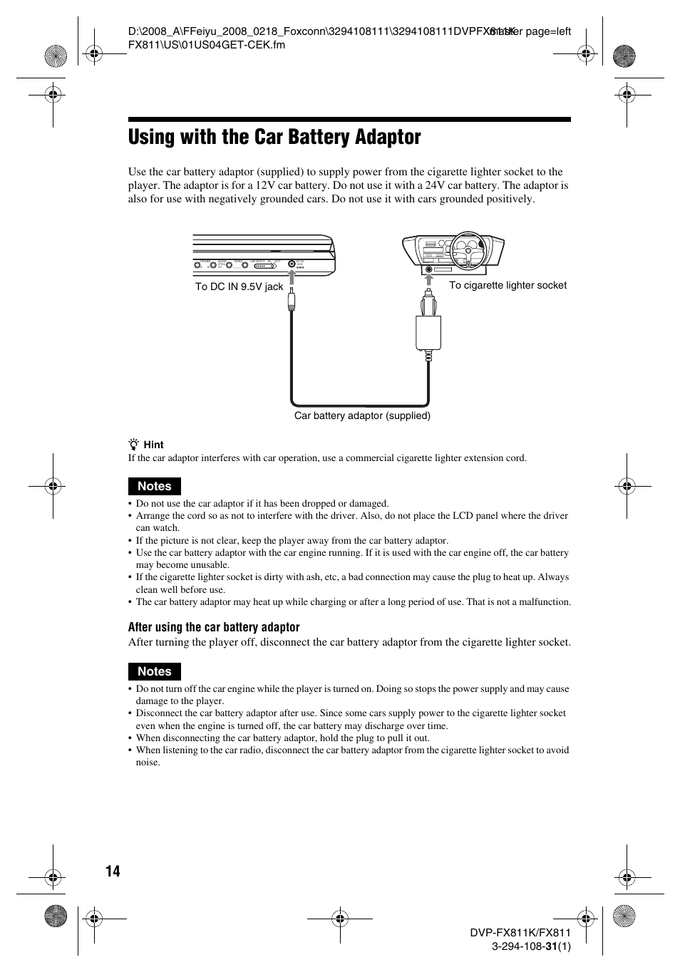 Using with the car battery adaptor, After using the car battery adaptor | Sony DVP-FX811K User Manual | Page 14 / 60