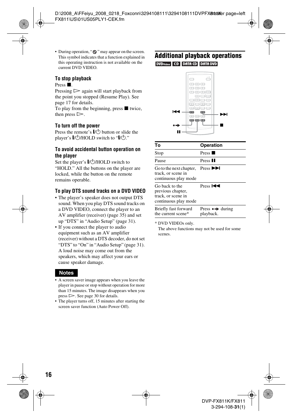 Additional playback operations | Sony DVP-FX811K User Manual | Page 16 / 60