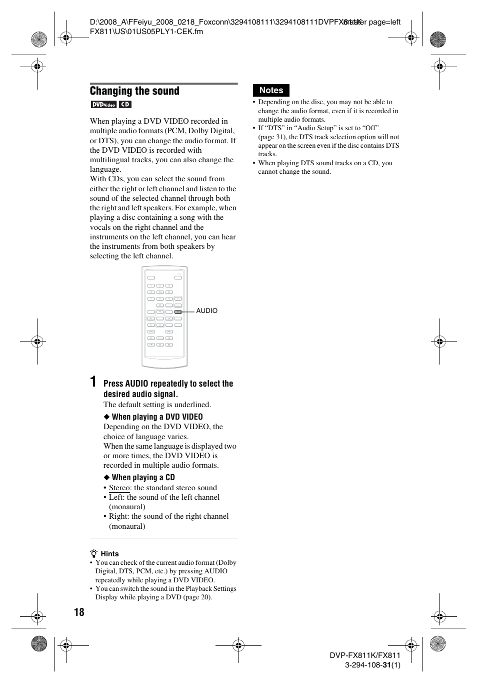 Changing the sound, Press | Sony DVP-FX811K User Manual | Page 18 / 60