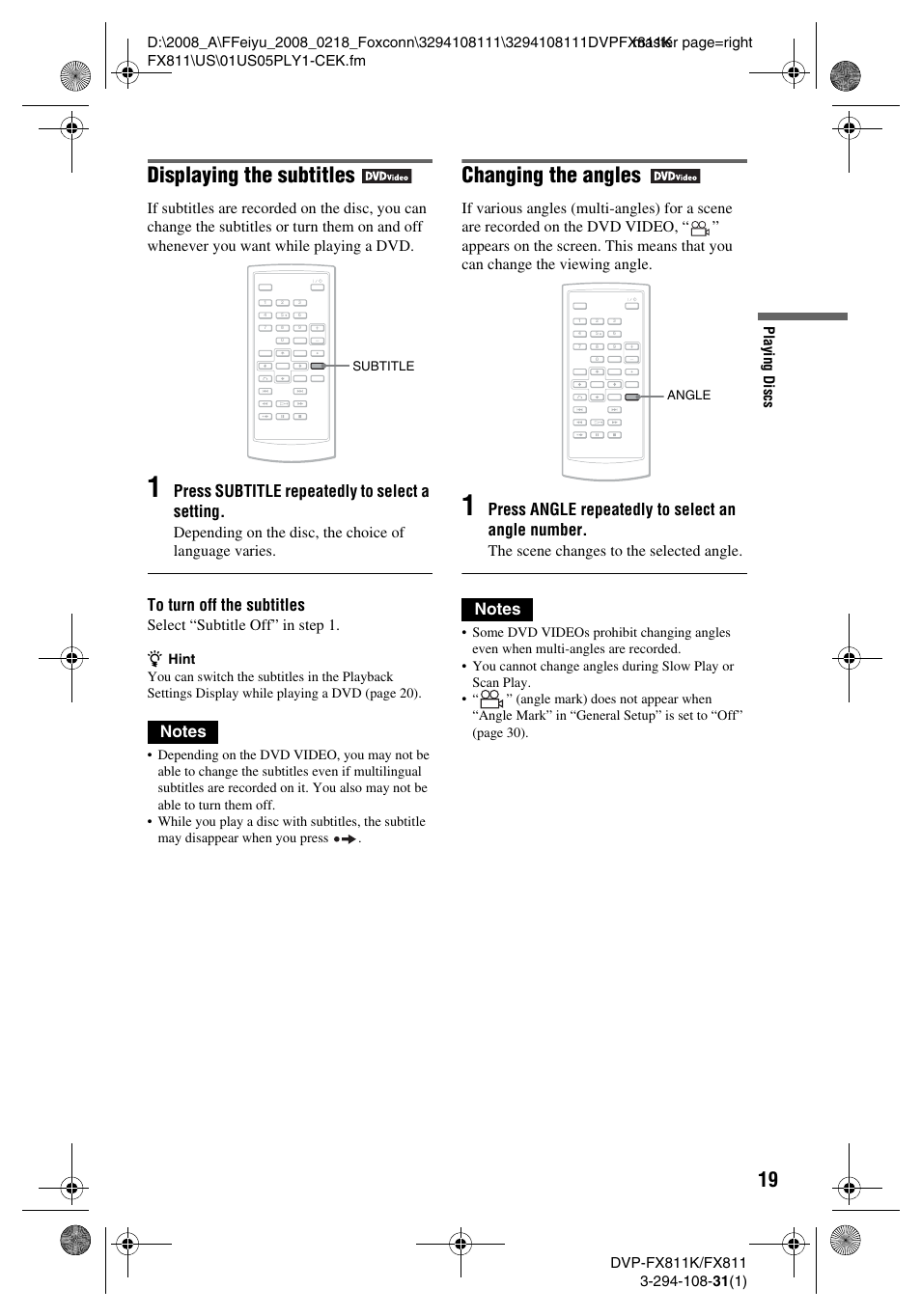 Displaying the subtitles, Changing the angles, Press subtitle repeatedly to select a setting | Press, Angle repeatedly to select an angle number | Sony DVP-FX811K User Manual | Page 19 / 60