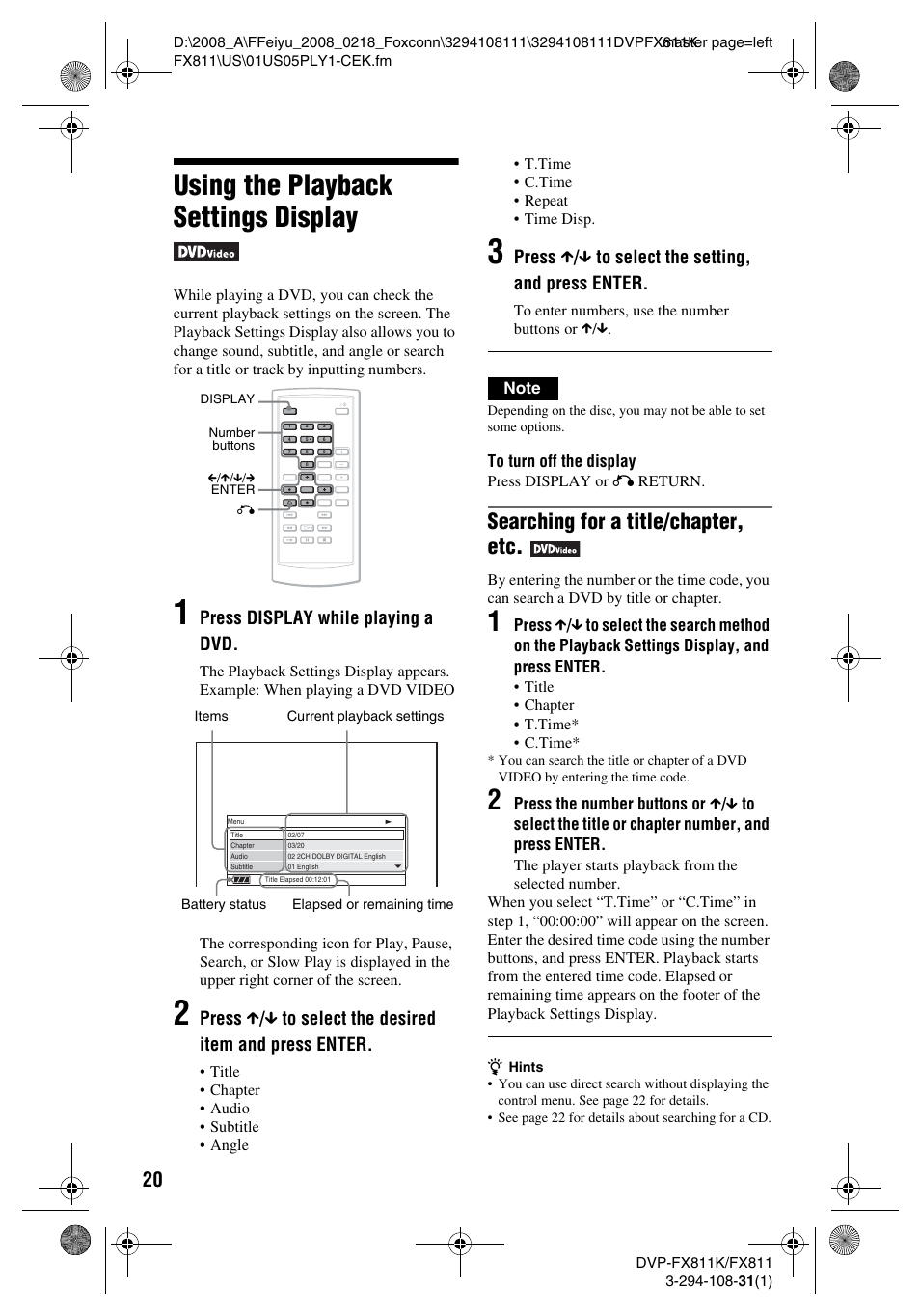 Using the playback settings display, Searching for a title/chapter, etc, Press display while playing a dvd | Press x / x to select the setting, and press enter | Sony DVP-FX811K User Manual | Page 20 / 60