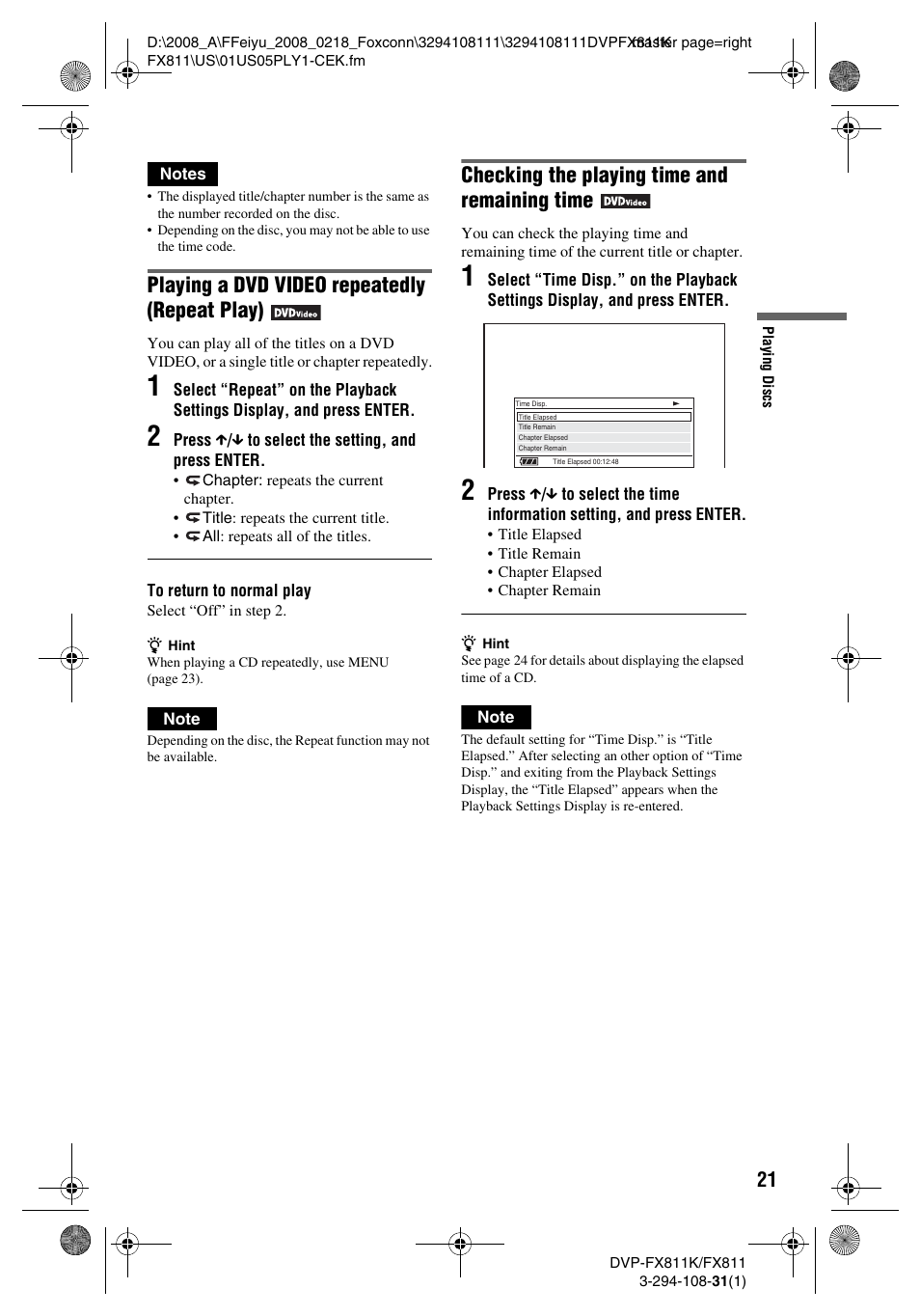Playing a dvd video repeatedly (repeat play), Checking the playing time and remaining time | Sony DVP-FX811K User Manual | Page 21 / 60