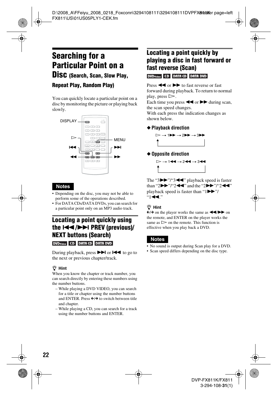 Searching for a particular point on a disc, Search, scan, slow play, repeat play, random play) | Sony DVP-FX811K User Manual | Page 22 / 60