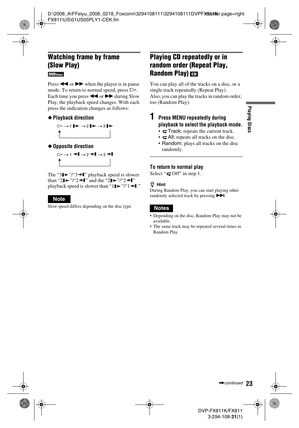 Watching frame by frame (slow play) | Sony DVP-FX811K User Manual | Page 23 / 60