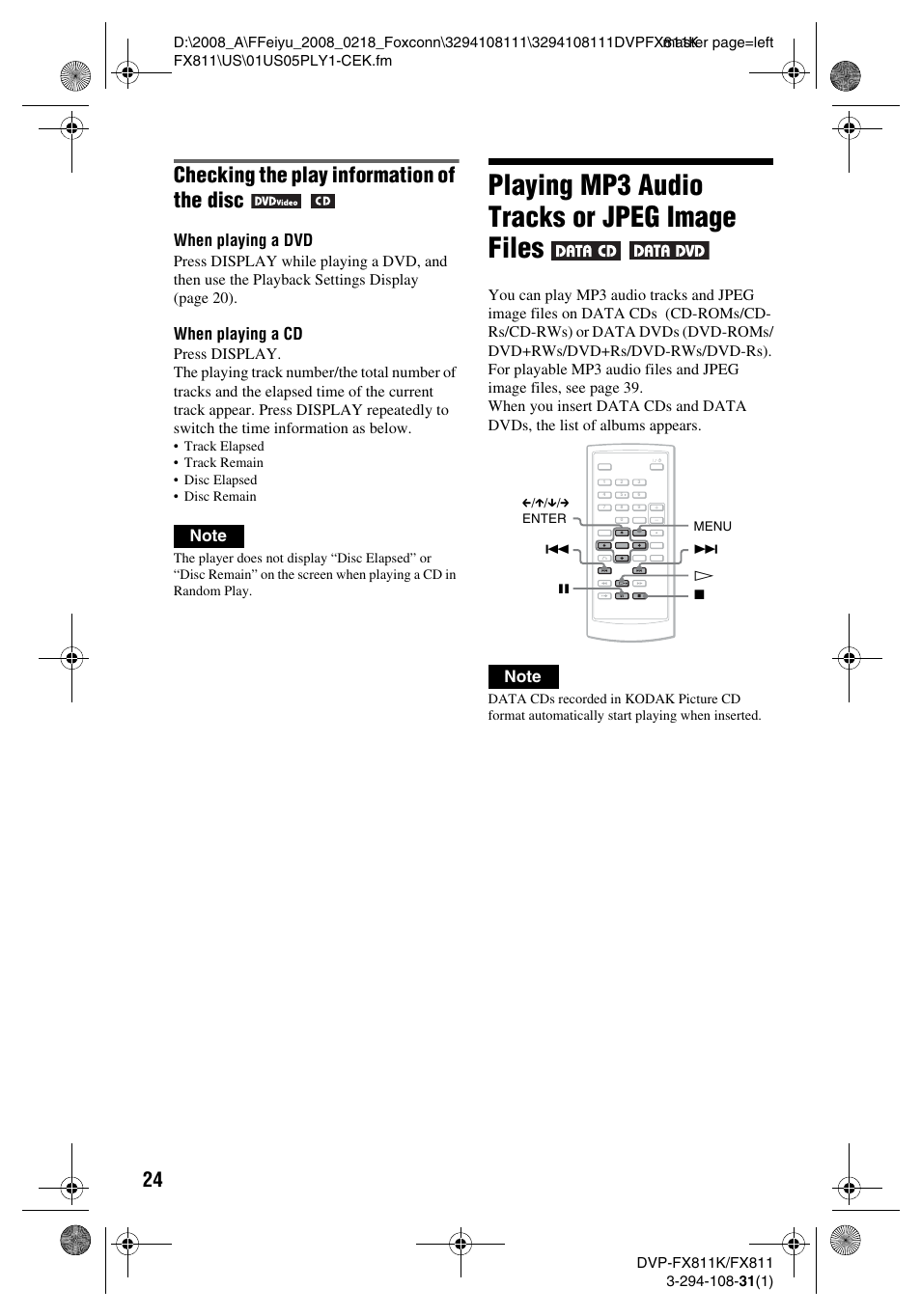 Playing mp3 audio tracks or jpeg image files, Checking the play information of the disc, When playing a dvd | When playing a cd | Sony DVP-FX811K User Manual | Page 24 / 60