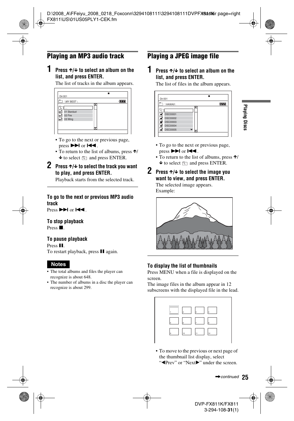 Playing an mp3 audio track, Playing a jpeg image file | Sony DVP-FX811K User Manual | Page 25 / 60