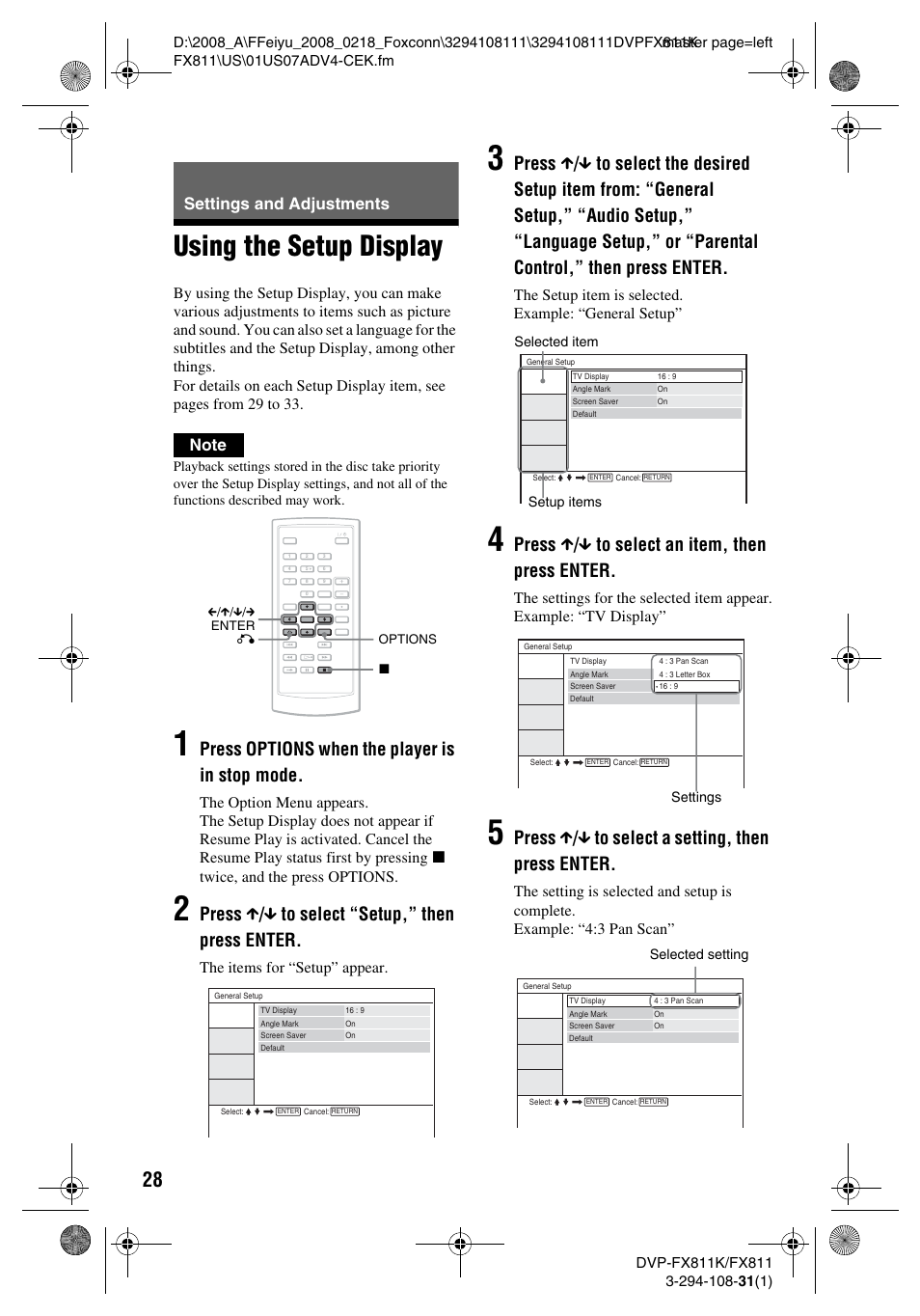 Using the setup display, Press options when the player is in stop mode, Press x / x to select “setup,” then press enter | Press x / x to select an item, then press enter, Press x / x to select a setting, then press enter, Settings and adjustments, The items for “setup” appear | Sony DVP-FX811K User Manual | Page 28 / 60