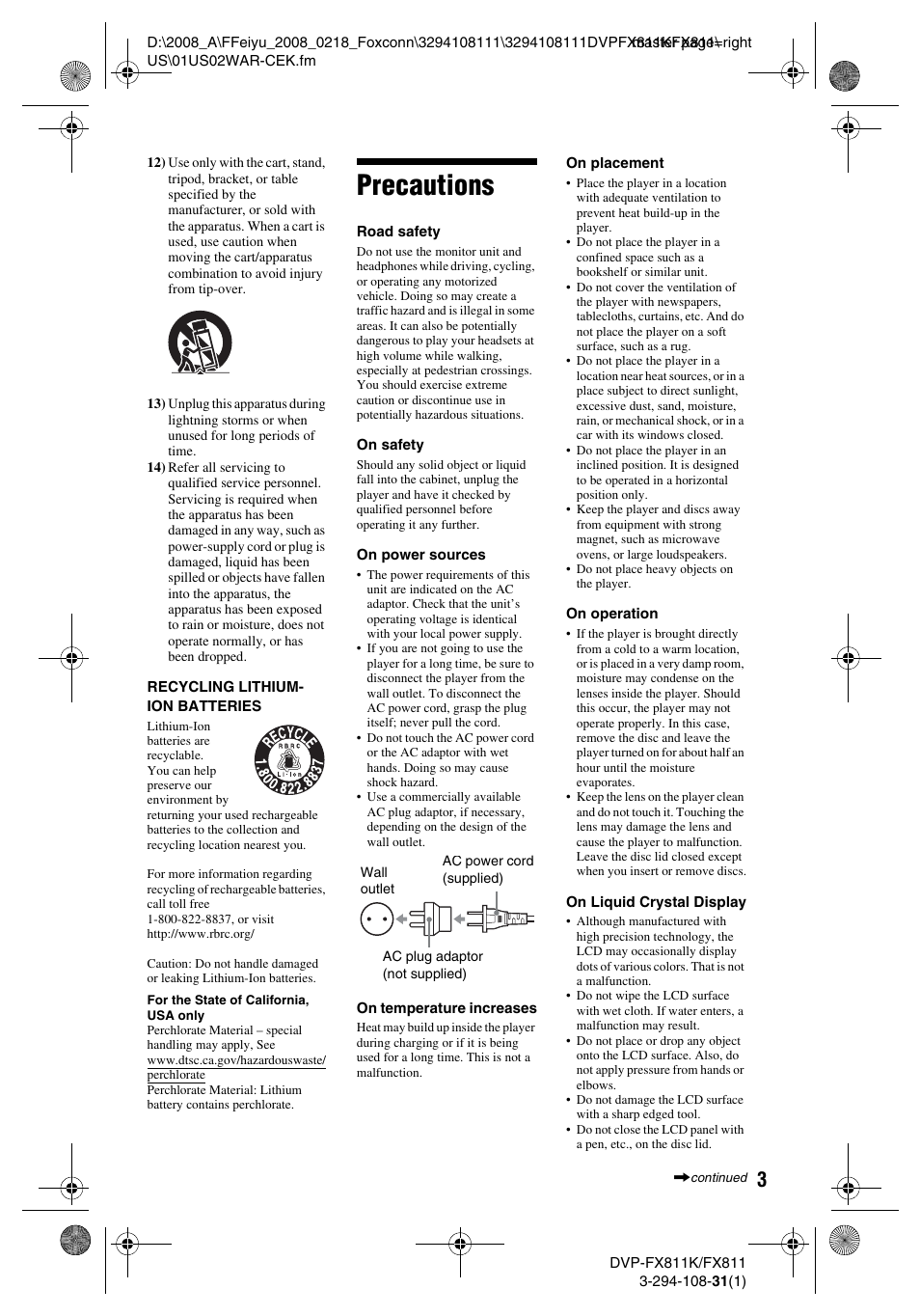 Precautions | Sony DVP-FX811K User Manual | Page 3 / 60