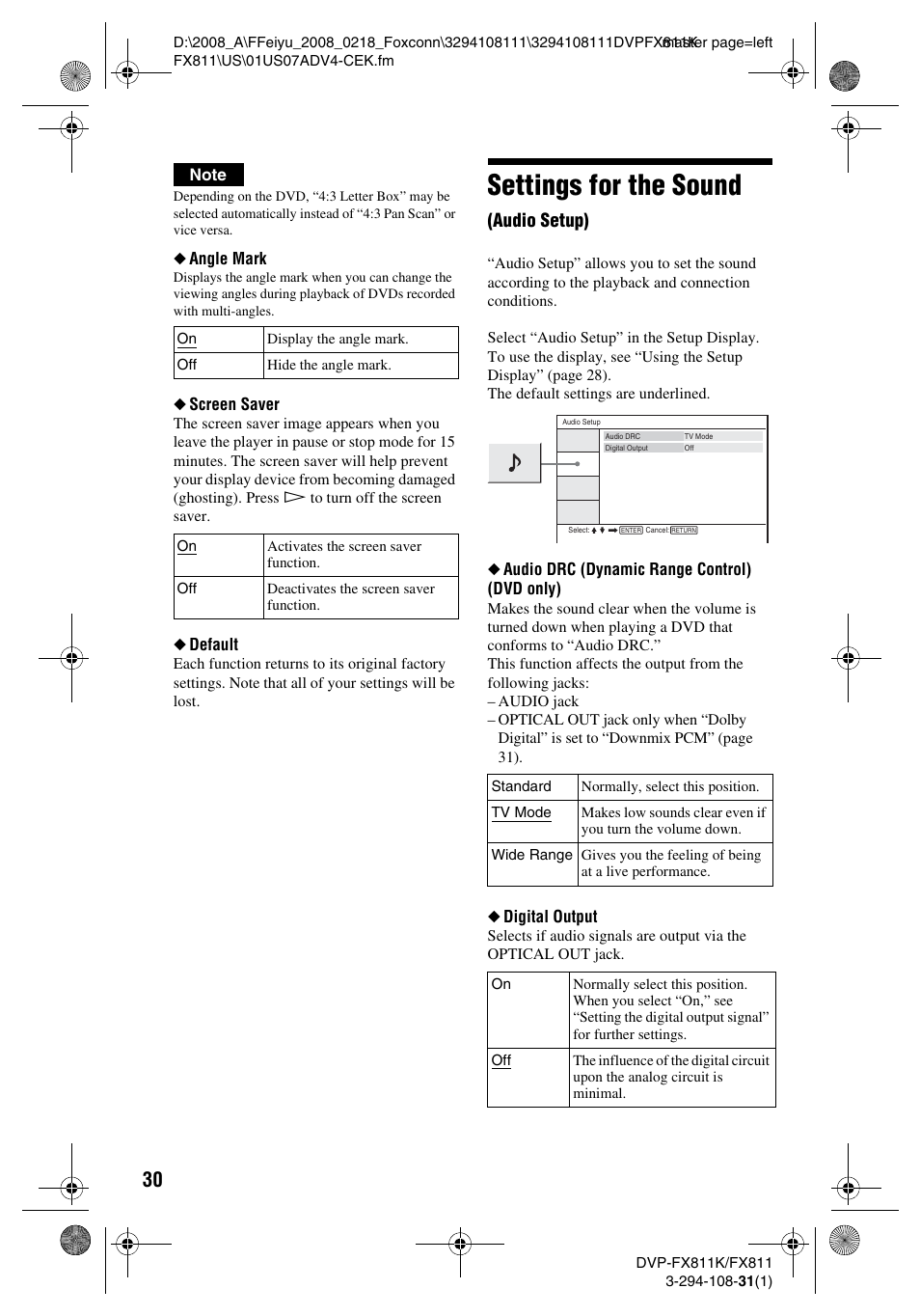 Settings for the sound, Audio setup) | Sony DVP-FX811K User Manual | Page 30 / 60