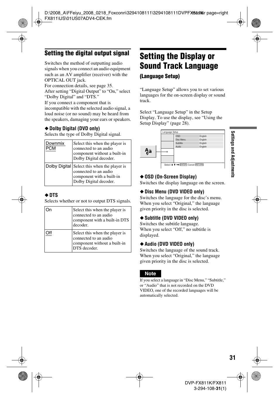 Setting the display or sound track language, Setting the digital output signal, Language setup) | Sony DVP-FX811K User Manual | Page 31 / 60