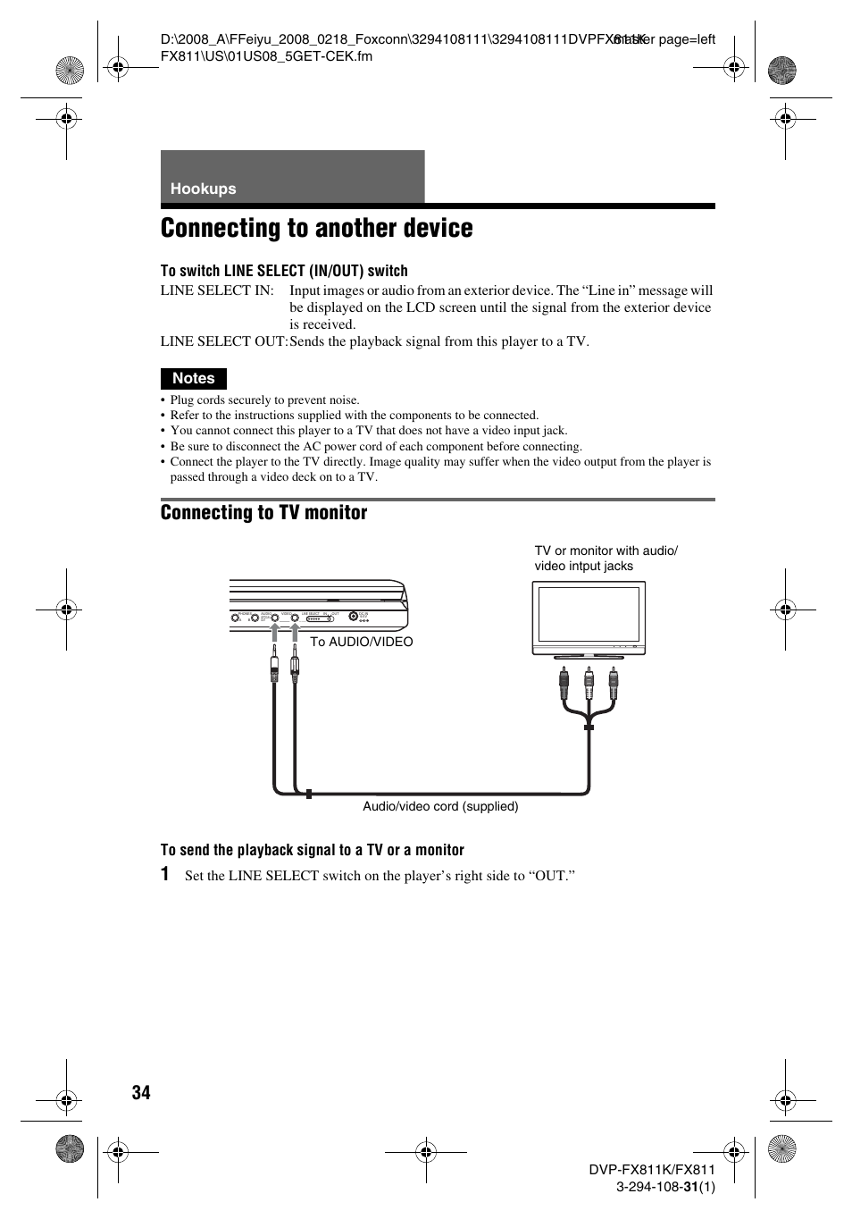 Connecting to another device, Connecting to tv monitor, Hookups | Sony DVP-FX811K User Manual | Page 34 / 60