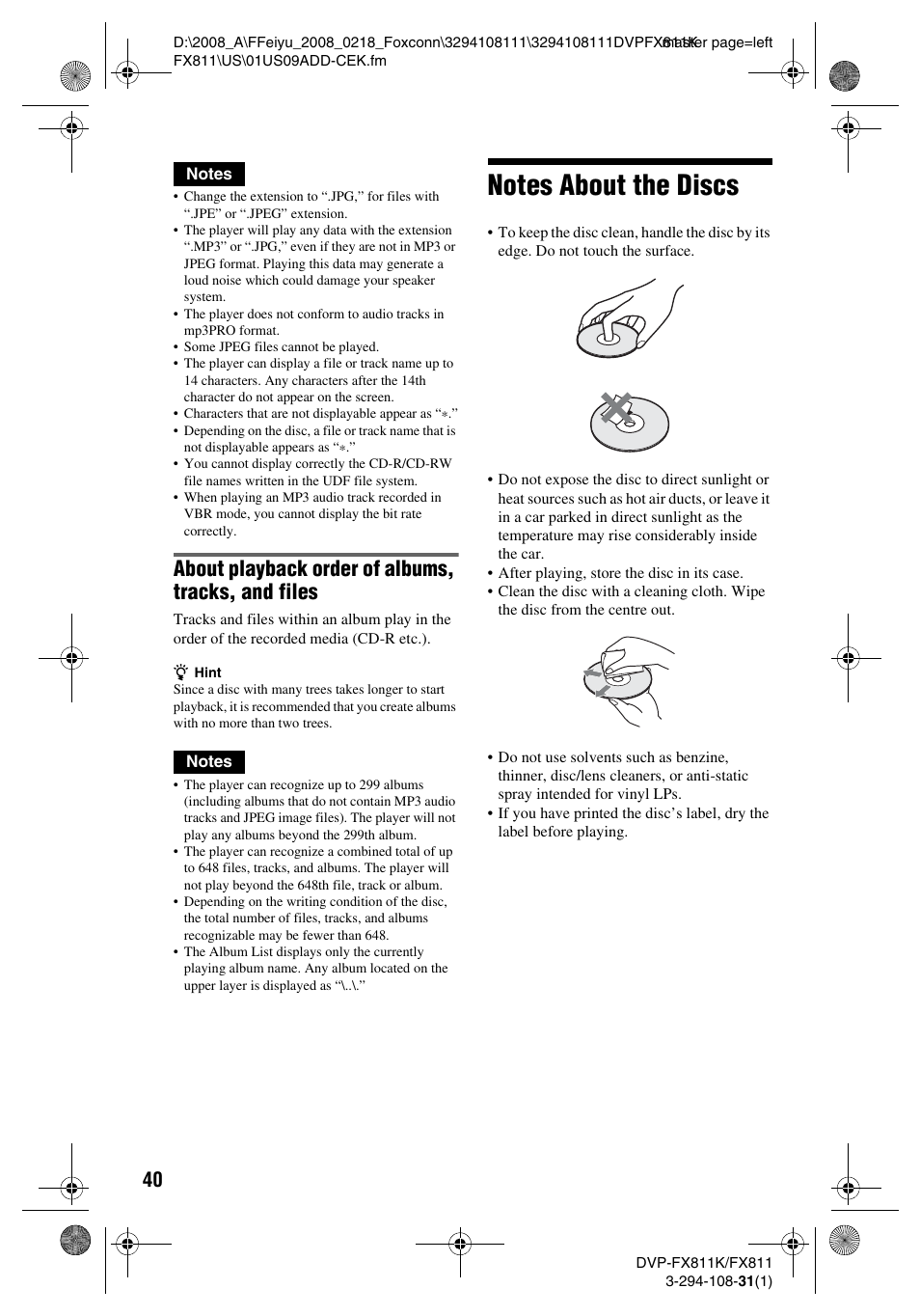 About playback order of albums, tracks, and files | Sony DVP-FX811K User Manual | Page 40 / 60