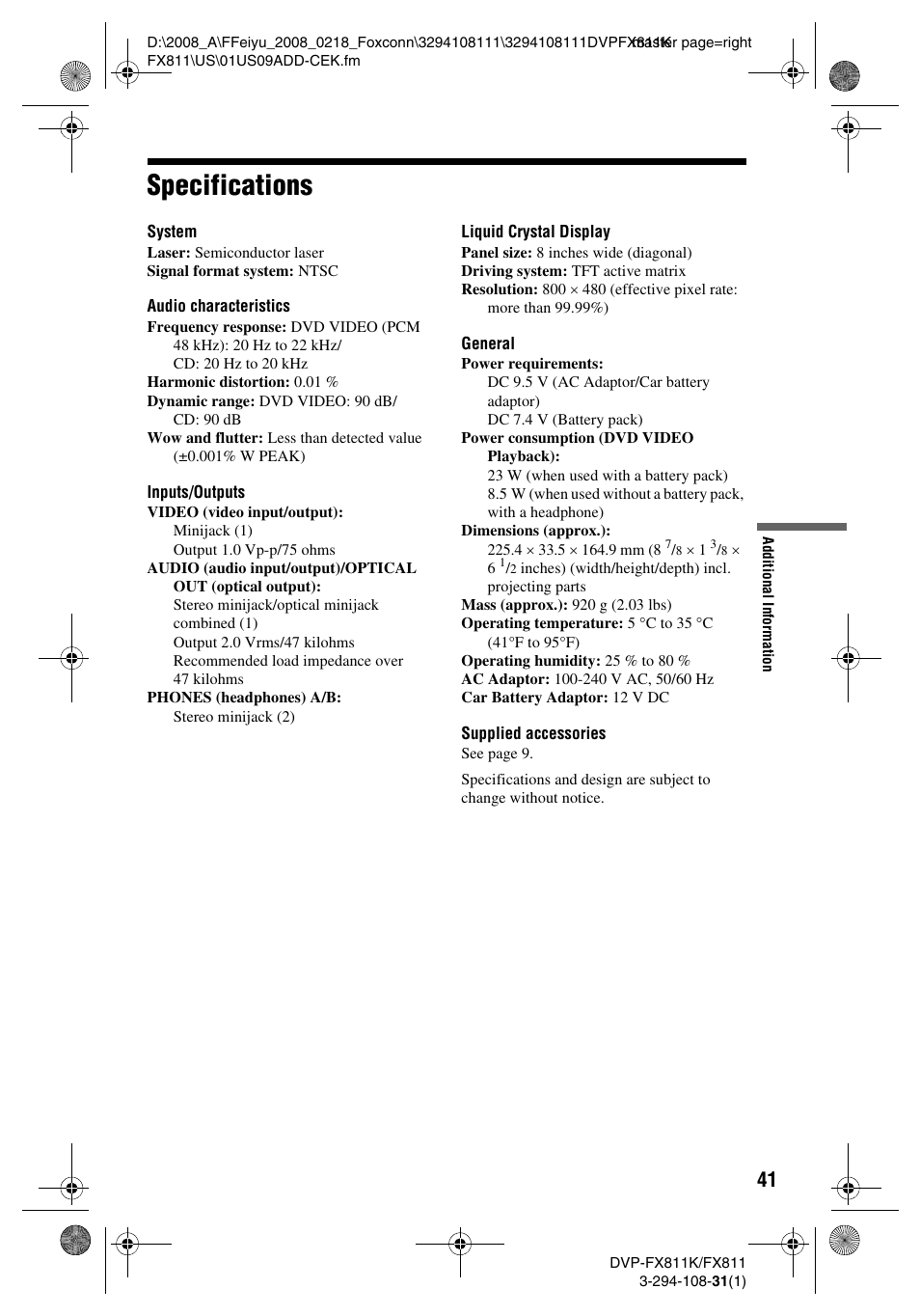 Specifications | Sony DVP-FX811K User Manual | Page 41 / 60