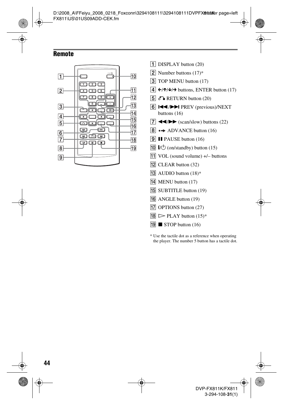 Remote | Sony DVP-FX811K User Manual | Page 44 / 60