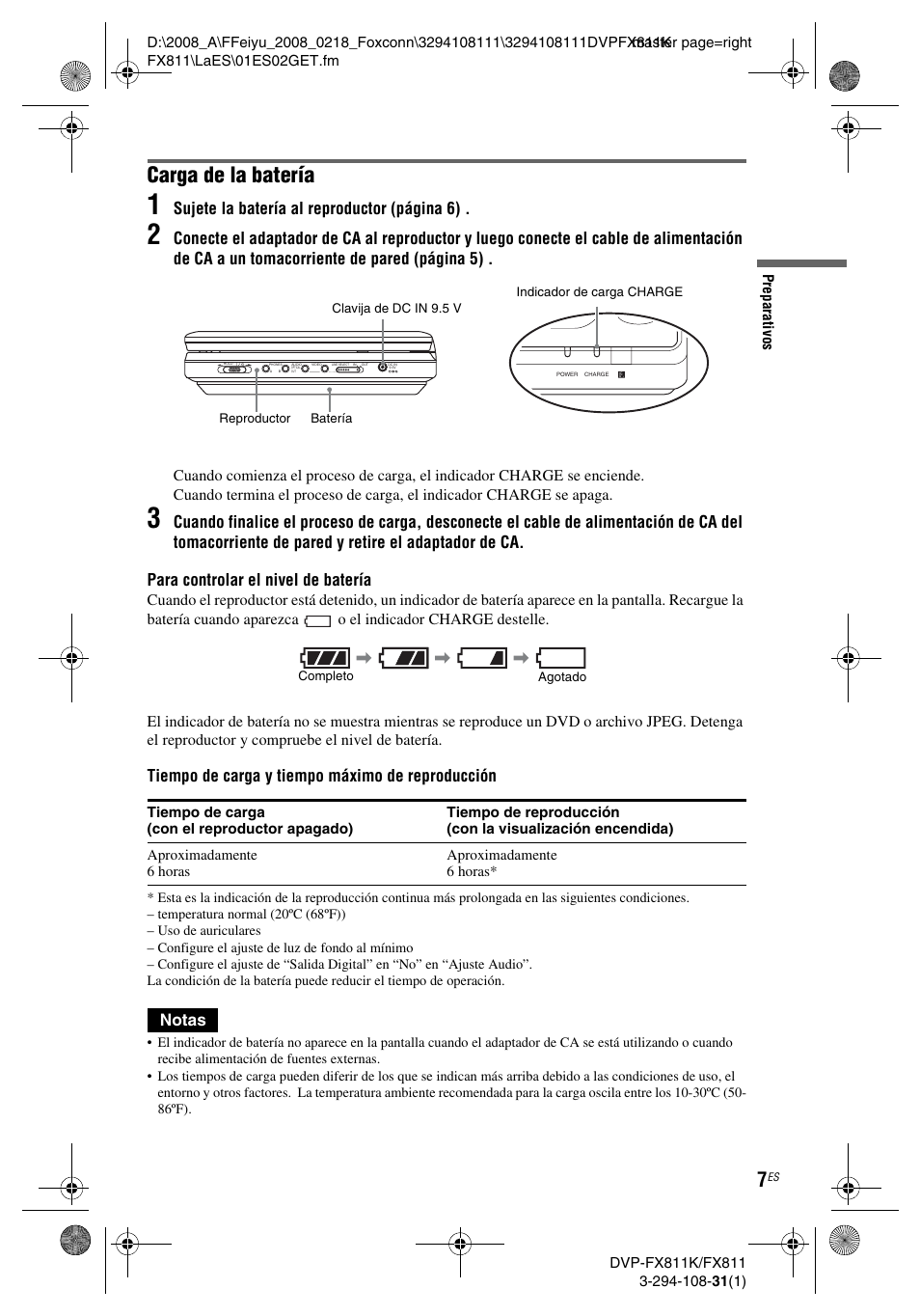 Carga de la batería, Sujete la batería al reproductor (página 6), Tiempo de carga y tiempo máximo de reproducción | Notas | Sony DVP-FX811K User Manual | Page 51 / 60