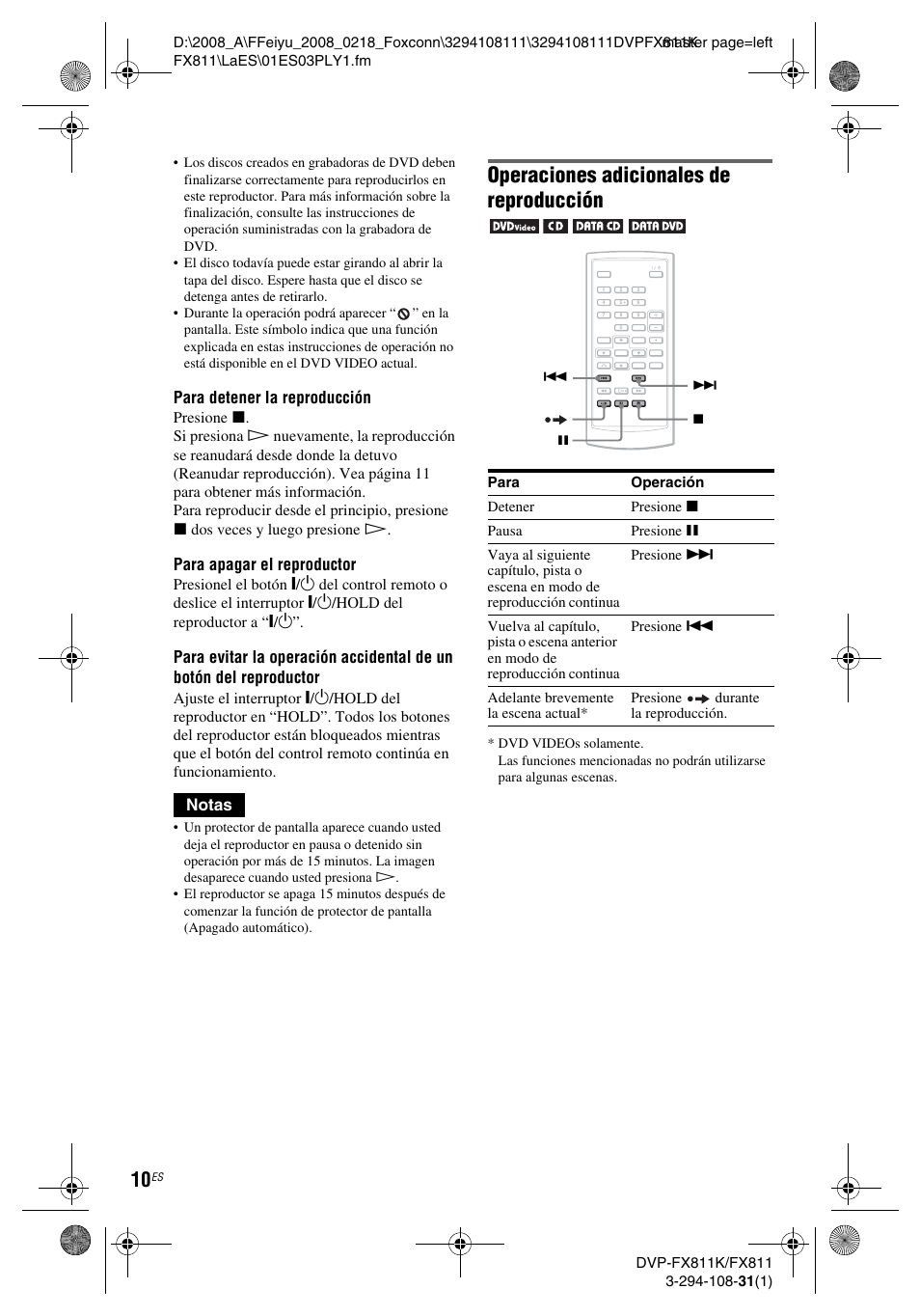Operaciones adicionales de reproducción, Para detener la reproducción, Para apagar el reproductor | Notas | Sony DVP-FX811K User Manual | Page 54 / 60